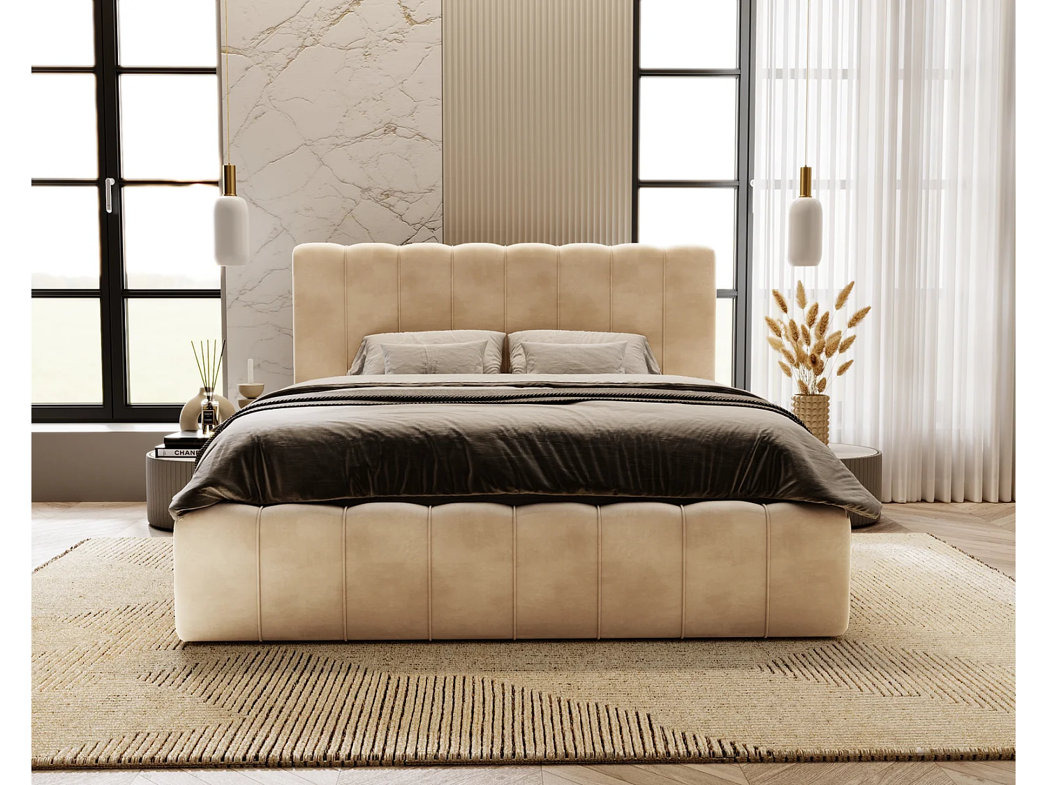 Emporius Gestoffeerd Bed 140x200 Lisbon - bed met opbergruimte, Tweepersoonsbed - Slaapkamer, Tienerkamer - Fluweel Beige (Magic Velvet 2201)