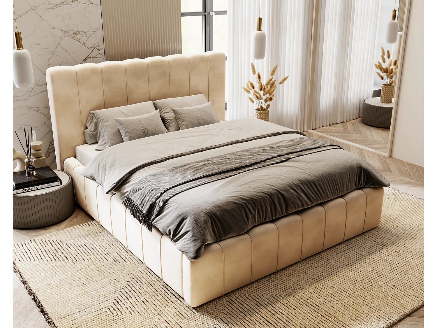 Emporius Gestoffeerd Bed 140x200 Lisbon - bed met opbergruimte, Tweepersoonsbed - Slaapkamer, Tienerkamer - Fluweel Beige (Magic Velvet 2201)