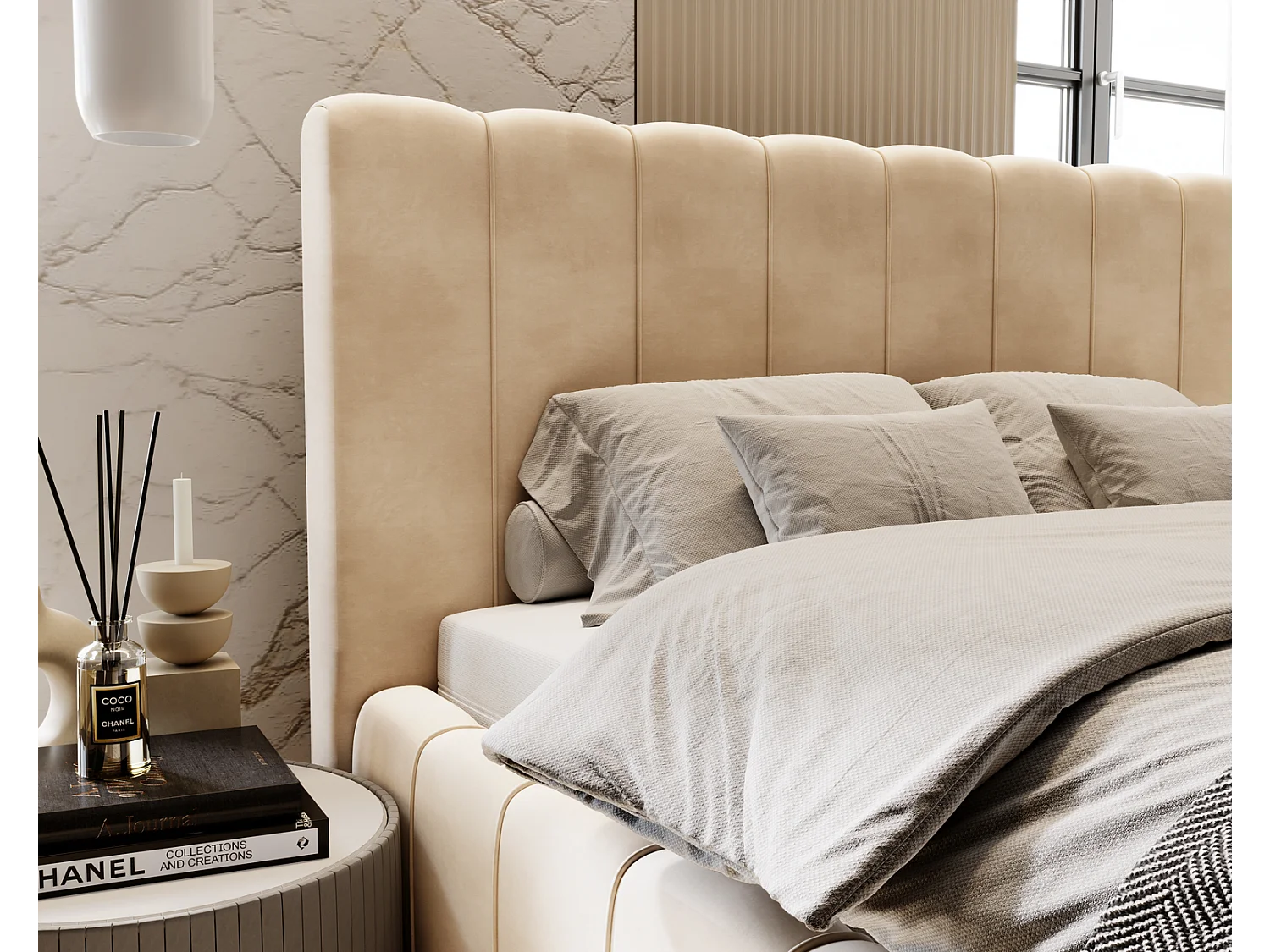 Emporius Gestoffeerd Bed 140x200 Lisbon - bed met opbergruimte, Tweepersoonsbed - Slaapkamer, Tienerkamer - Fluweel Beige (Magic Velvet 2201)