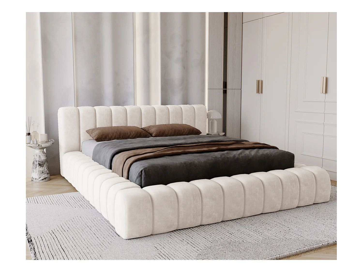 Emporius Lit avec Rangement 180x200cm Como, Lit capitonné, Lit adulte  - Mousse épaisse, tissu Velvet Crème (Whisper 1)
