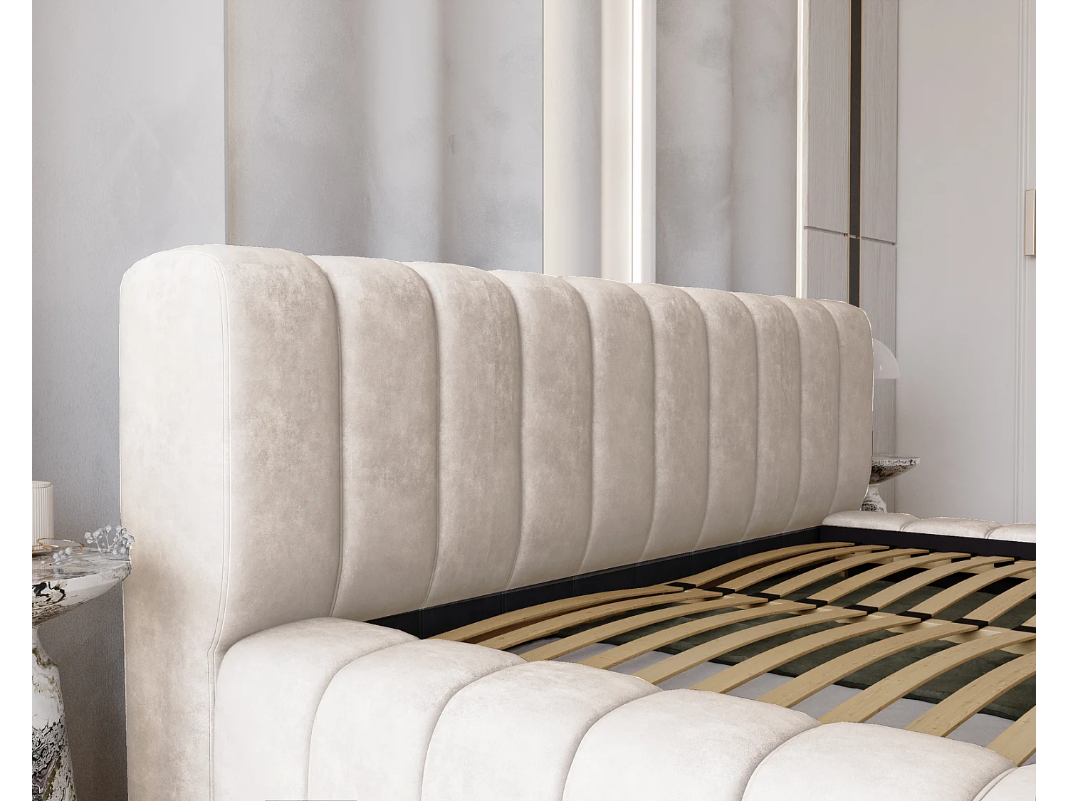 Emporius Lit avec Rangement 180x200cm Como, Lit capitonné, Lit adulte  - Mousse épaisse, tissu Velvet Crème (Whisper 1)