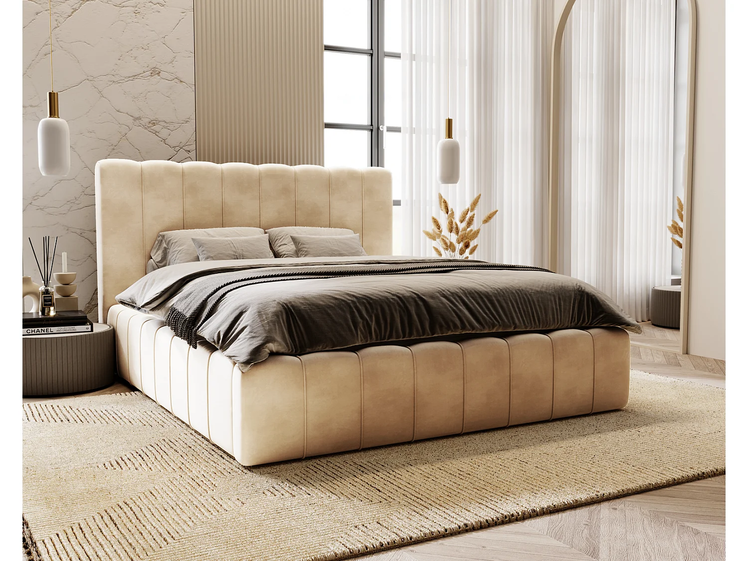 Emporius Lit Capitonné 180x200 Lisbon - Lit avec Sommier à Lattes, Rangement, Tête de Lit - Lit double velvet Beige (Magic Velvet 2201)