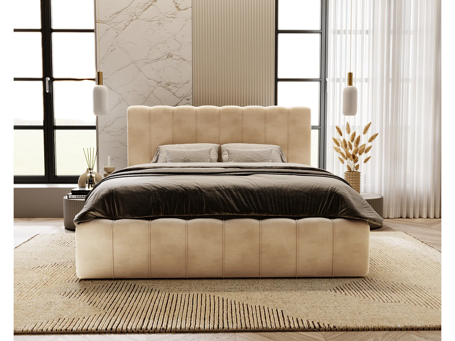 Emporius Lit Capitonné 180x200 Lisbon - Lit avec Sommier à Lattes, Rangement, Tête de Lit - Lit double velvet Beige (Magic Velvet 2201)