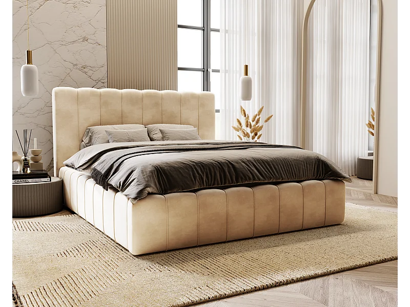 Emporius Gestoffeerd Bed 180x200 Lisbon - bed met opbergruimte, Tweepersoonsbed - Slaapkamer, Tienerkamer - Fluweel Beige (Magic Velvet 2201)
