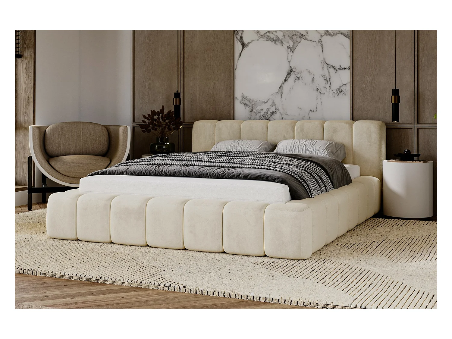 Emporius Lit rembourré 160x200 Bolonia - Lit adulte, lit capitonné, Lit double avec Rangement - Beige (Magic Velvet 2201)