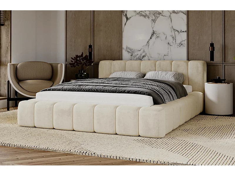 Emporius Lit rembourré 160x200 Bolonia - Lit adulte, lit capitonné, Lit double avec Rangement - Beige (Magic Velvet 2201)