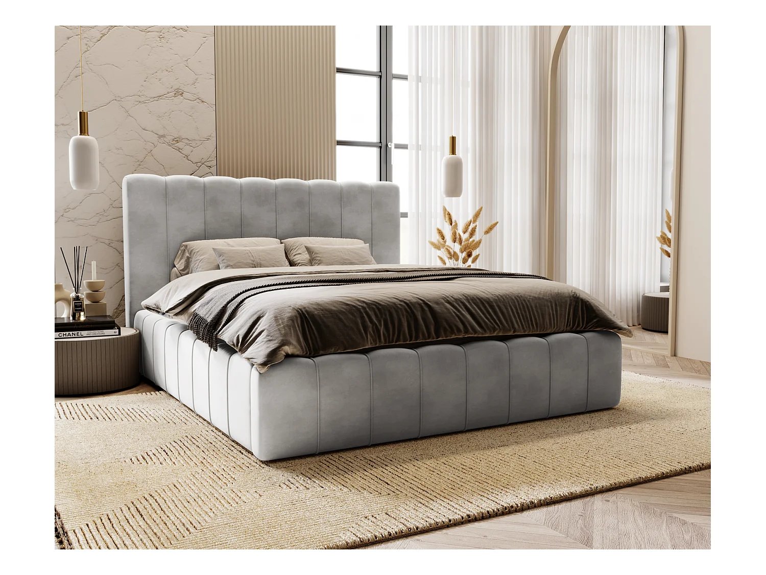 Emporius Lit Capitonné 180x200 Lisbon - Lit avec Sommier à Lattes, Rangement, Tête de Lit - Lit double velvet Gris clair (Magic Velvet 2218)