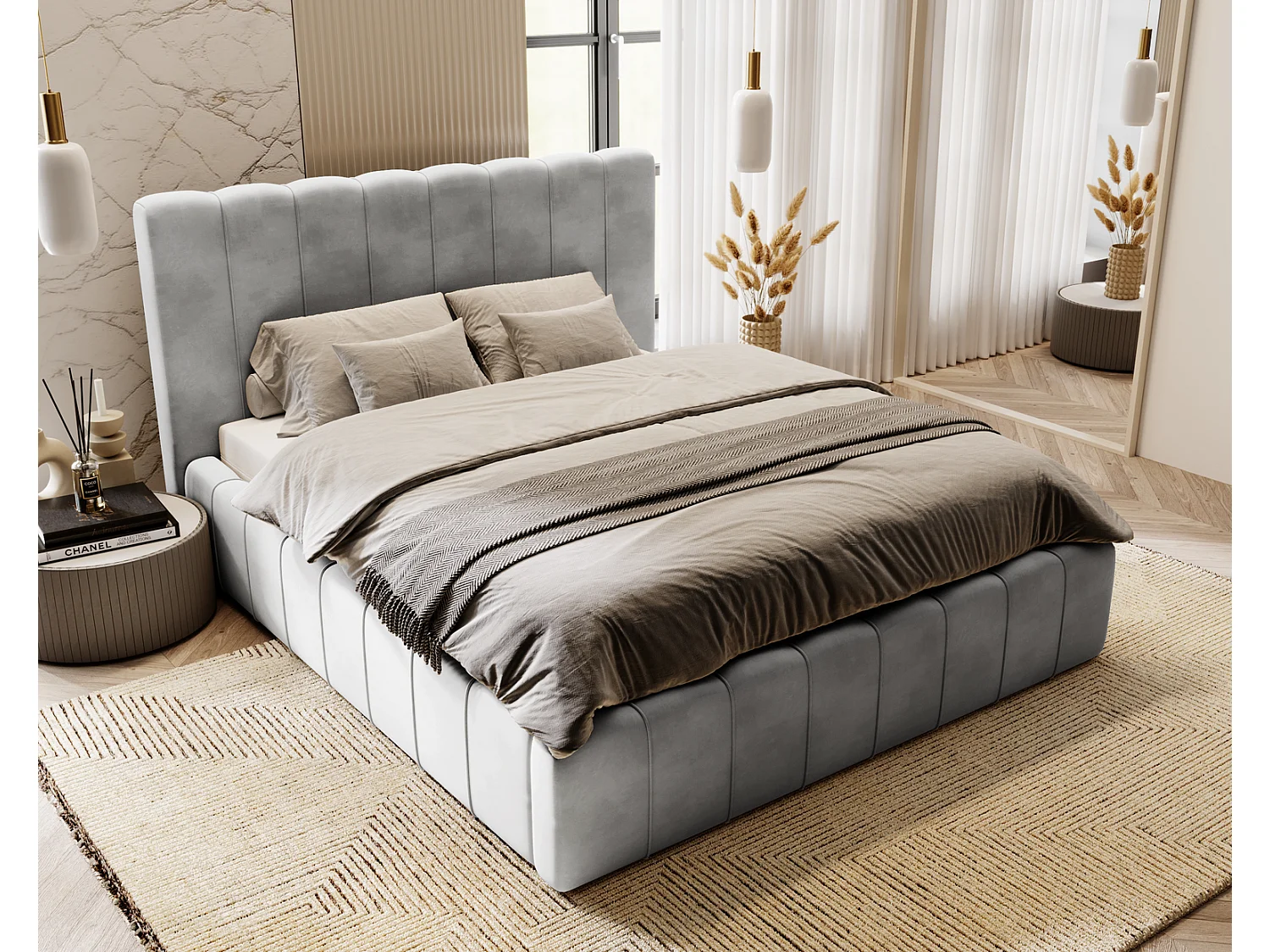 Emporius Lit Capitonné 180x200 Lisbon - Lit avec Sommier à Lattes, Rangement, Tête de Lit - Lit double velvet Gris clair (Magic Velvet 2218)
