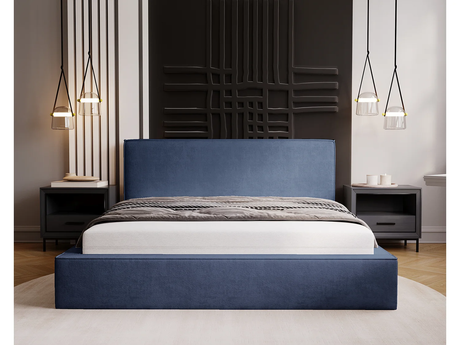 Emporius Lit double, lit adulte avec Rangement 160x200 cm Amare - Velour Bleu (Komodo 50)