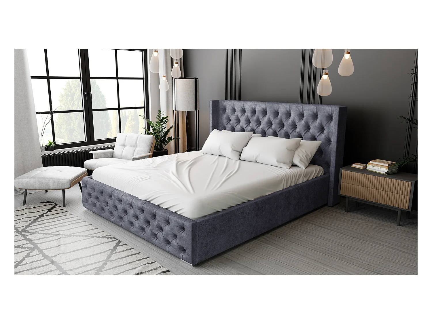 Emporius Lit adulte 140x200 Rolia - Lit double, capitonné - sommier à lattes, rangement, tête de lit - Velvet Gris foncé (Paros 06)