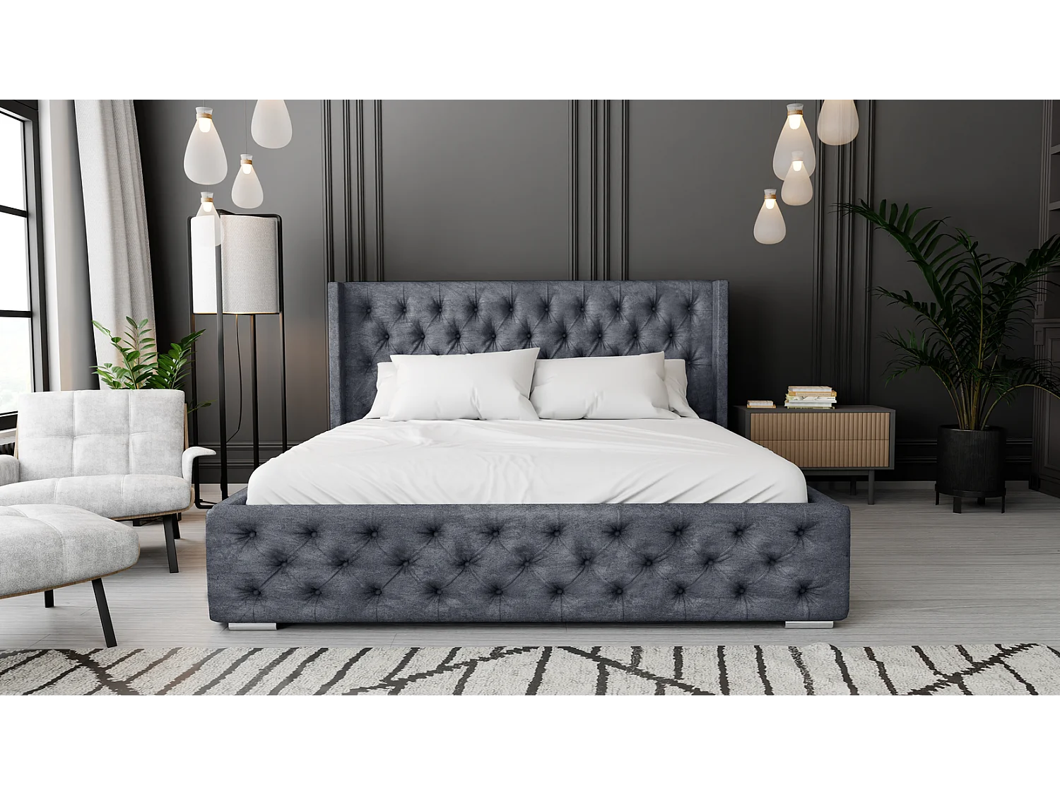 Emporius Rolia łóżko chesterfield 140x200 - pojemnik i stelaż, wysoka jakość - łóżko dwuosobowe 140x200 w stylu glamour - aksamit, ciemny szary (Paros 6)