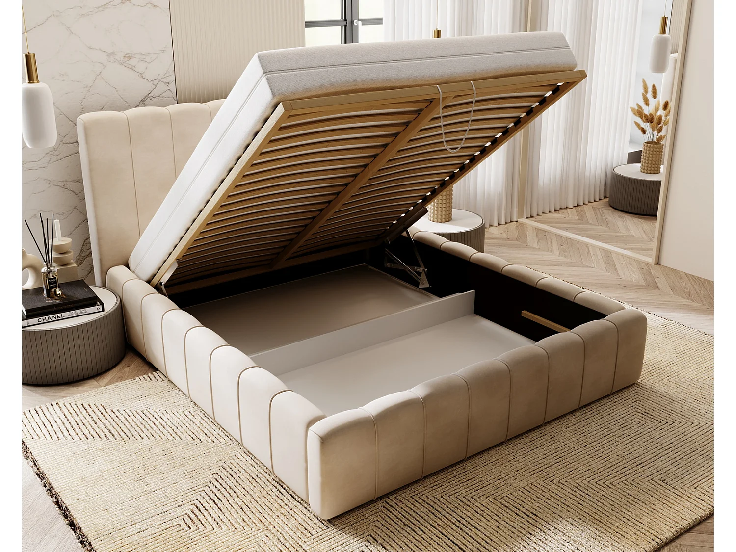 Emporius Gestoffeerd Bed 180x200 Lisbon - bed met opbergruimte, Tweepersoonsbed - Slaapkamer, Tienerkamer - Fluweel Grijs (Magic Velvet 2217)