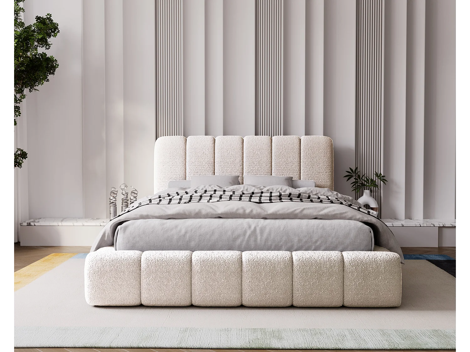 Emporius bed 180x200 Milan Bouclé - opbergruimte, lattenbodem, bedlade - tweepersoonsbed Bouclé - Crème (Anthology 1)