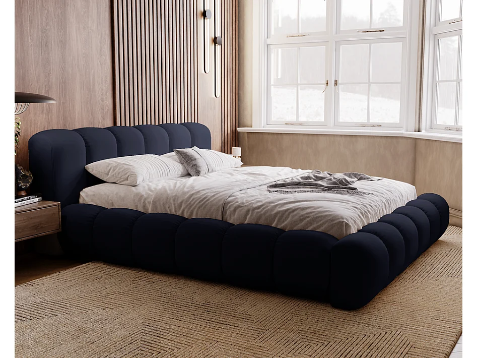 Emporius Lit avec sommier 140x200 Cloud - Lit rembourré, Lit adulte - Lit double avec Rangement, tête de lit - Velvet Bleu foncé (Jupiter 70)