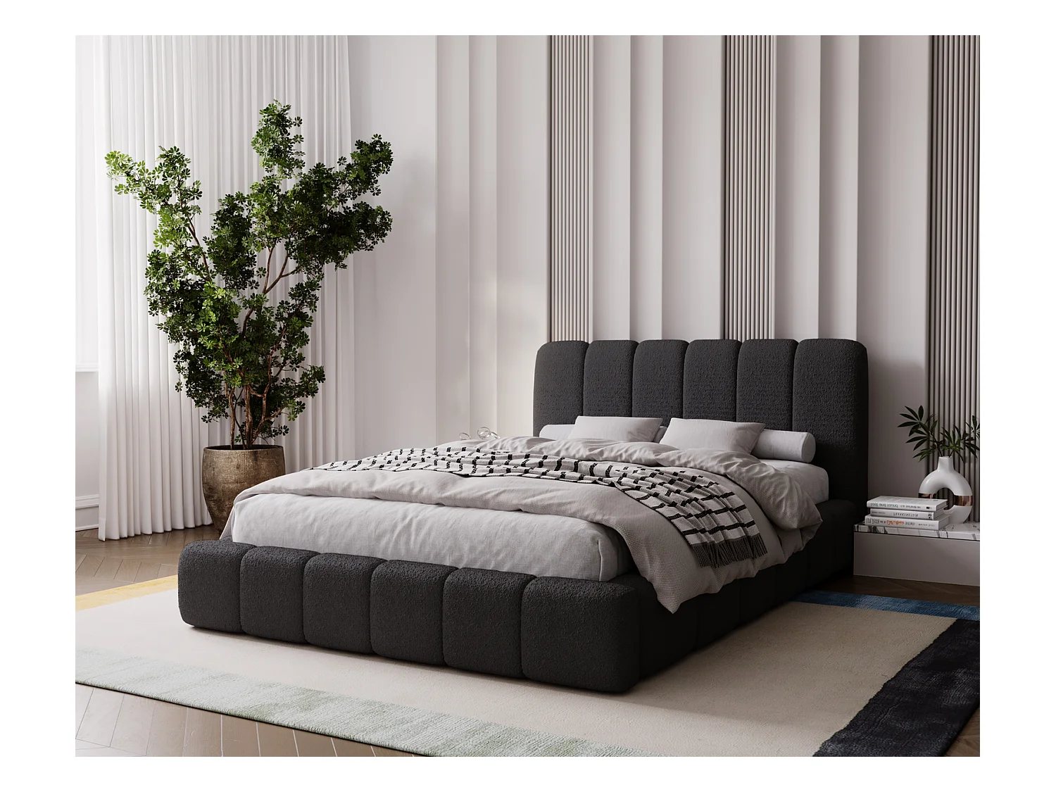 Emporius Lit coffre 160x200 Milan, Lit Rembourré avec Rangement - Lit bouclé Noir (Anthology 19)