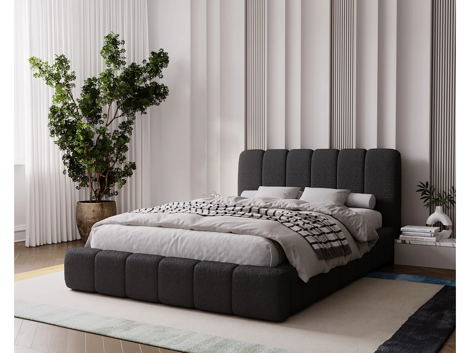 Emporius bed 160x200 Milan Bouclé - opbergruimte, lattenbodem, bedlade - tweepersoonsbed Bouclé - Zwart (Anthology 19)