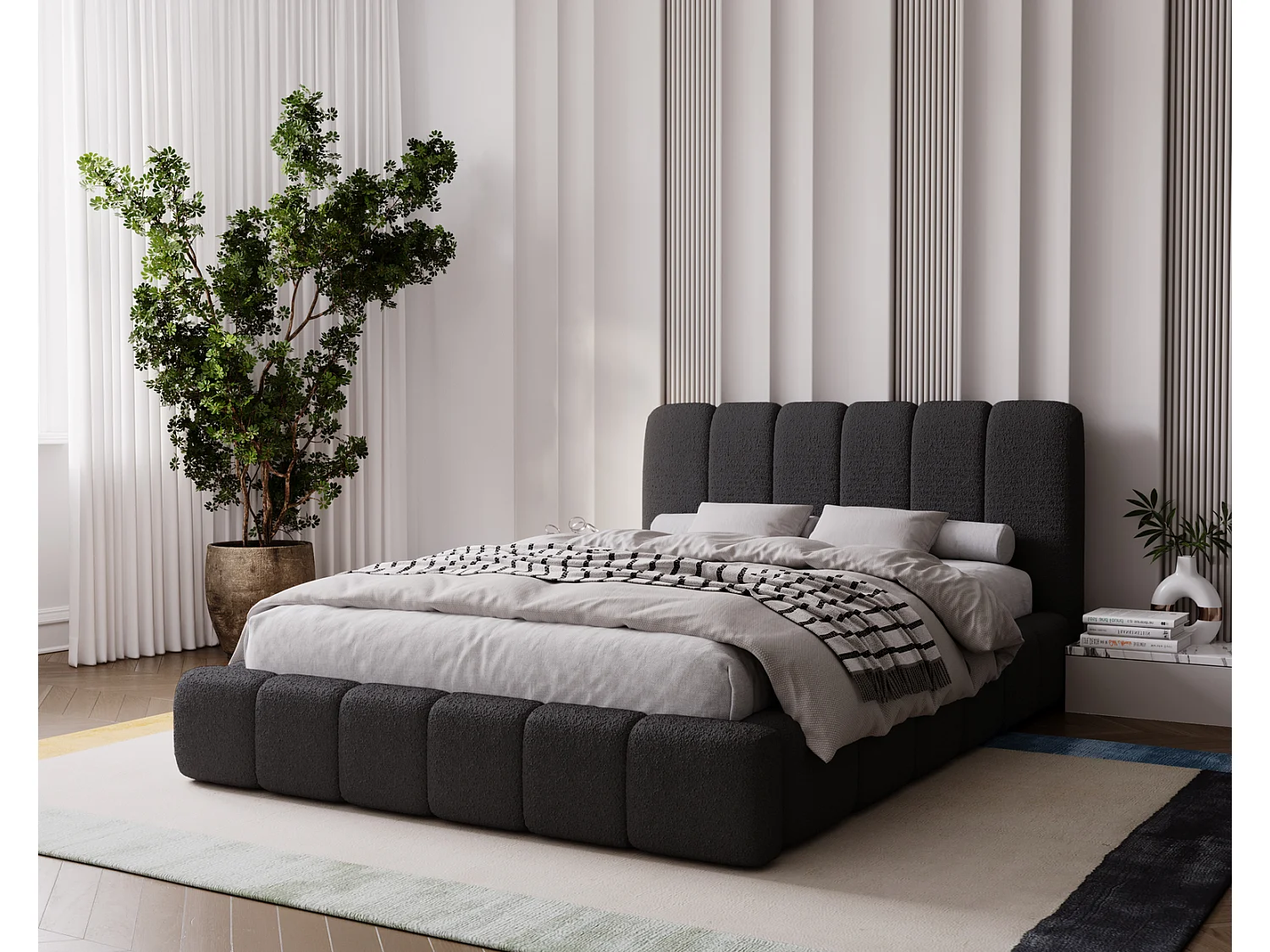 Emporius Lit coffre 160x200 Milan, Lit Rembourré avec Rangement - Lit bouclé Noir (Anthology 19)