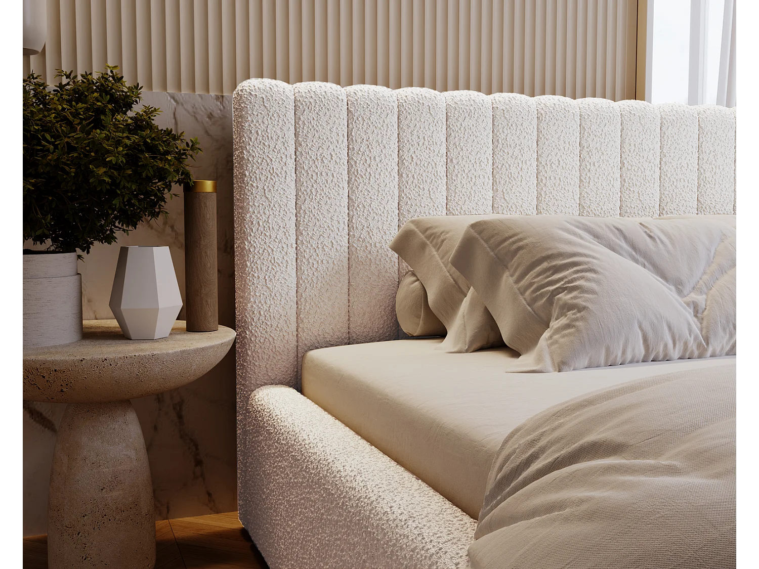 Emporius Polsterbett 140x200 cm Billo - Doppelbett mit Lattenrost und Kopfteil - Stauraum, Bettzeugkasten, Bettkasten - Boucle Creme (Anthology 1)