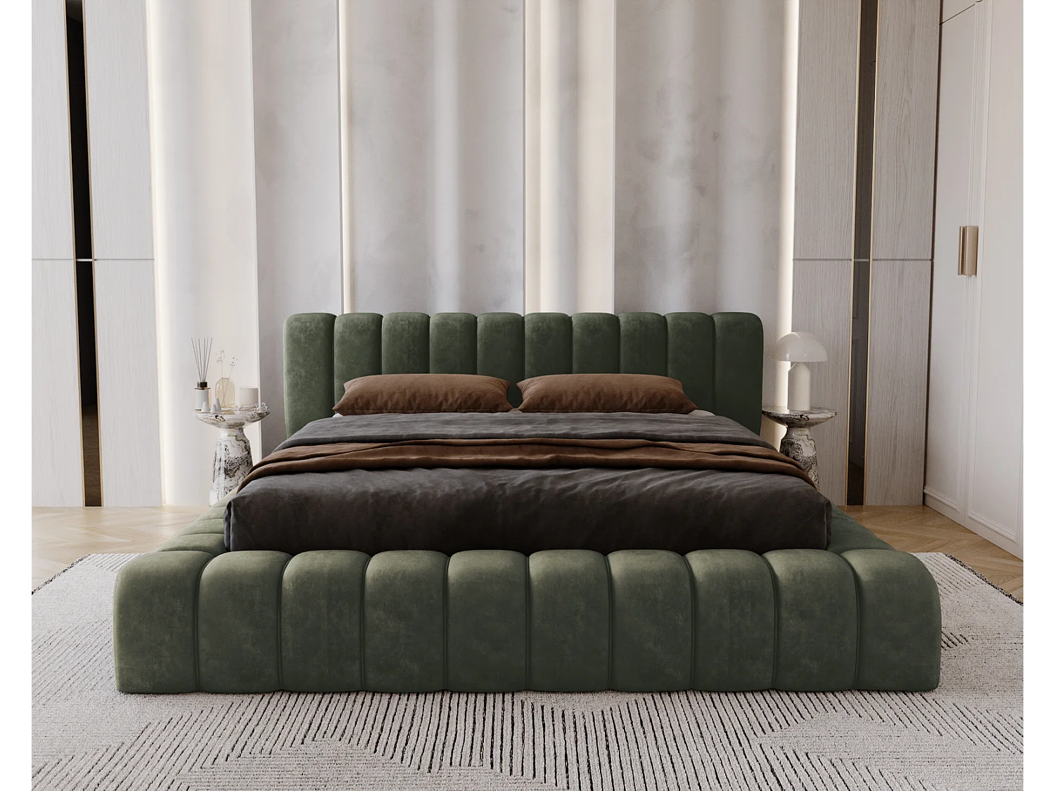 Emporius Lit avec Rangement 140x200cm Como, Lit capitonné, Lit adulte  - Mousse épaisse, tissu Velvet Vert (Whisper 11)
