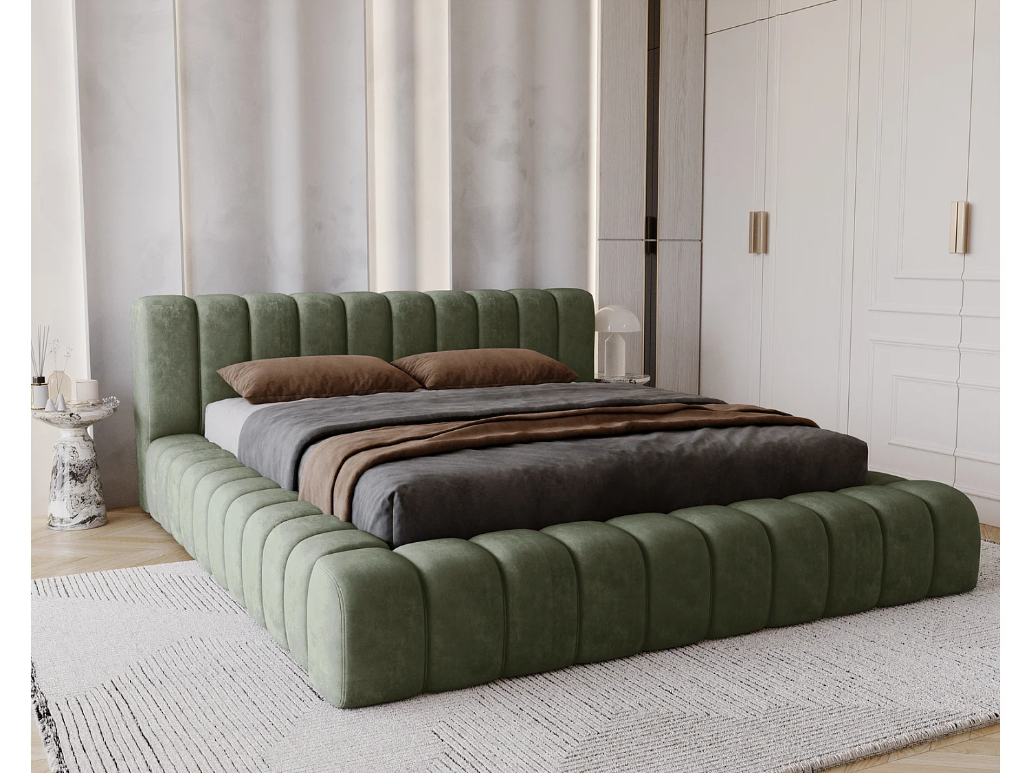 Emporius Lit avec Rangement 140x200cm Como, Lit capitonné, Lit adulte  - Mousse épaisse, tissu Velvet Vert (Whisper 11)