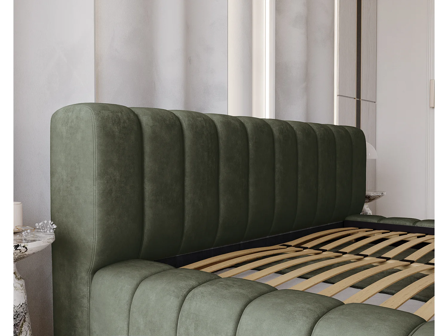 Emporius Lit avec Rangement 140x200cm Como, Lit capitonné, Lit adulte  - Mousse épaisse, tissu Velvet Vert (Whisper 11)