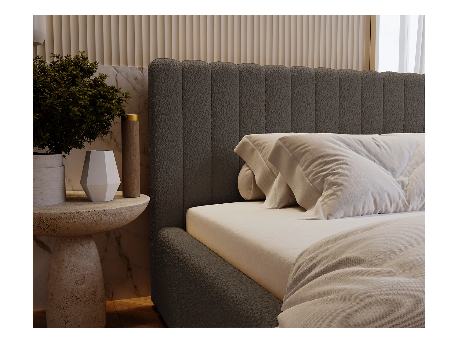 Emporius Lit Rembourré 160x200 cm Billo - lit double avec Rangement, Tête de Lit - Lit adulte, Chambre d'Adolescent - Bouclé Gris foncé (Anthology 18)