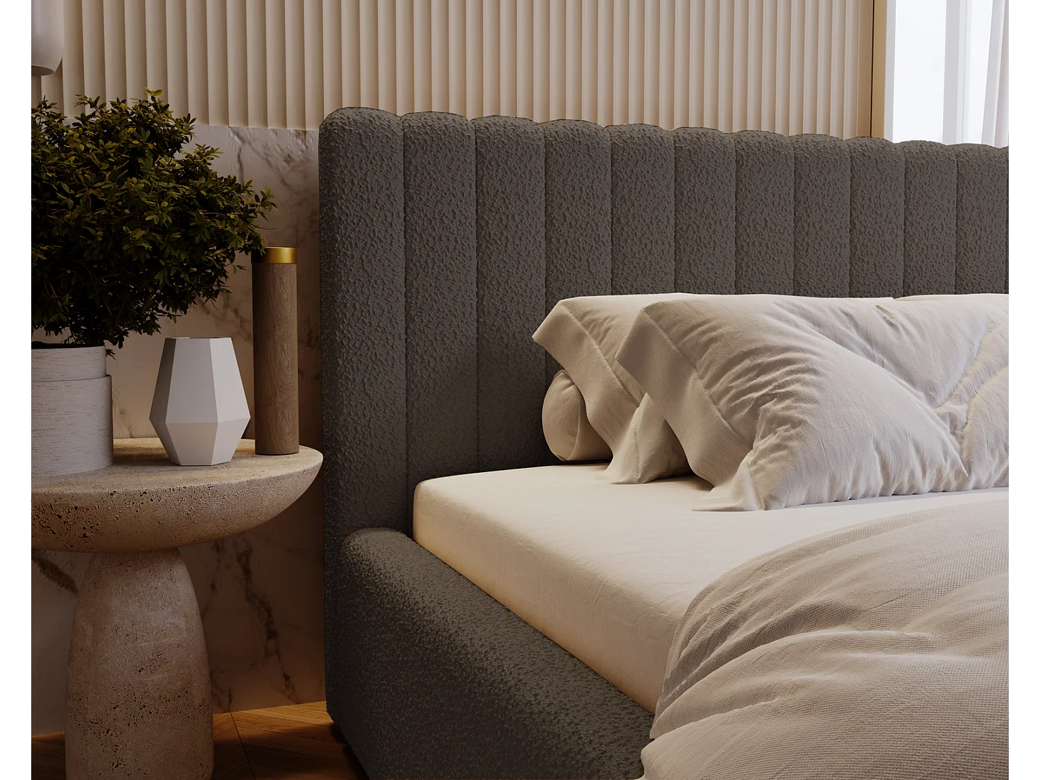 Emporius Gestoffeerd Bed 160x200 Billo - Lattenbodem, Opbergruimte, Beddengoedbox, Hoofdeinde, Bedframe - Tweepersoonsbed - Boucle Donkergrijs (Anthology 18)