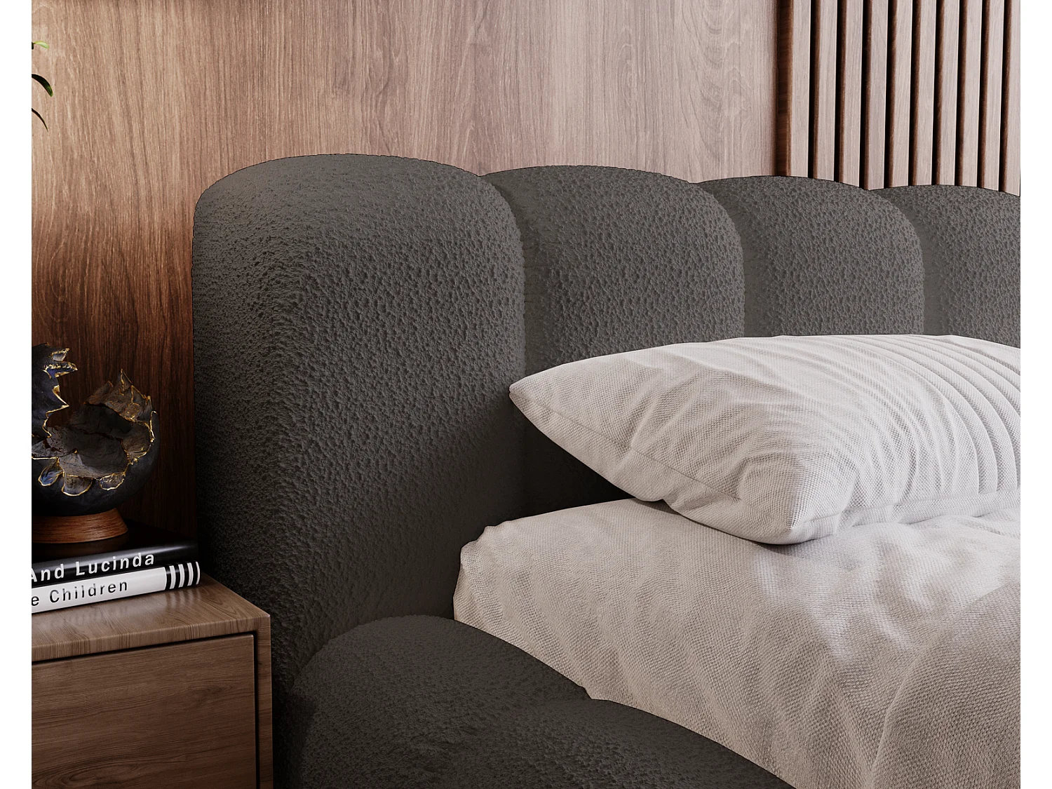 Emporius tweepersoonsbed 160x200 cm Cloud - luxe bed met lattenbodem, Gestoffeerd Hoofdeinde, Opbergruimte - Bouclé Donkergrijs (Anthology 18)