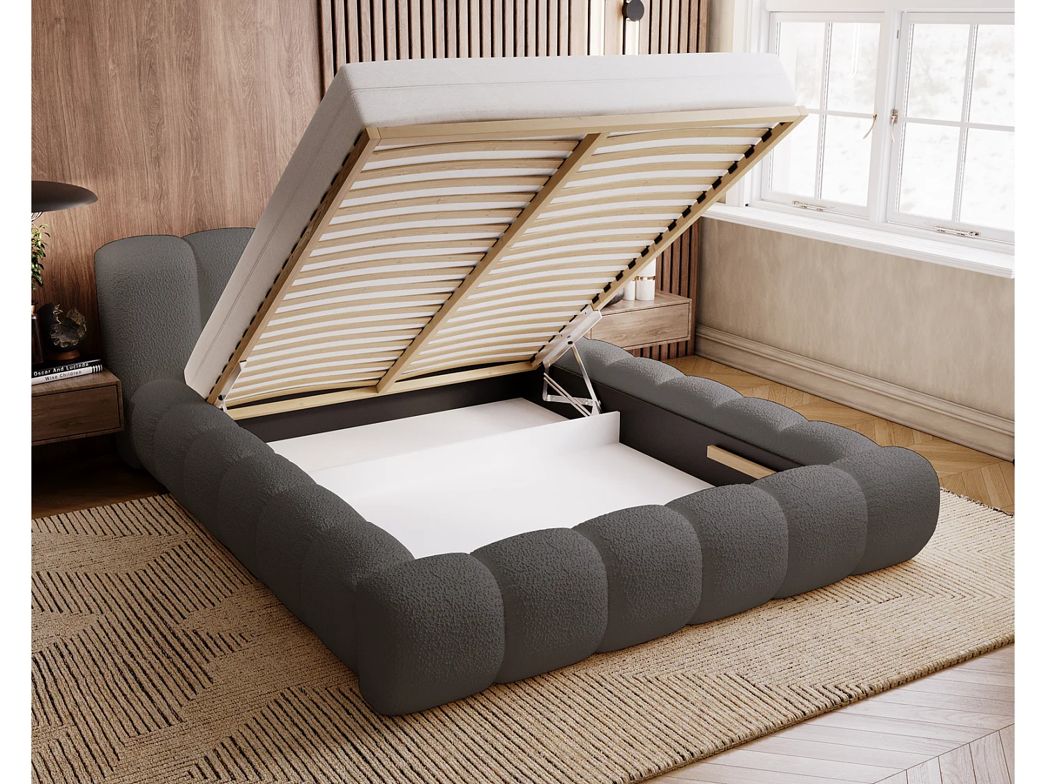 Emporius tweepersoonsbed 160x200 cm Cloud - luxe bed met lattenbodem, Gestoffeerd Hoofdeinde, Opbergruimte - Bouclé Donkergrijs (Anthology 18)