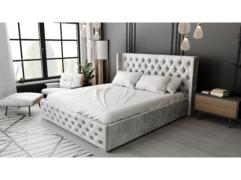 Emporius Lit adulte 140x200 Rolia - Lit double, capitonné - sommier à lattes, rangement, tête de lit - Velvet Gris (Paros 05)