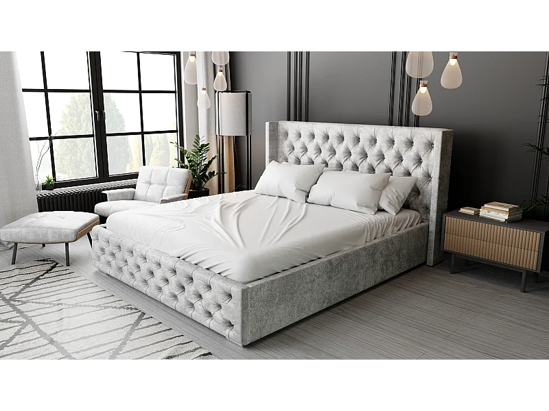 Emporius Lit adulte 140x200 Rolia - Lit double, capitonné - sommier à lattes, rangement, tête de lit - Velvet Gris (Paros 05)