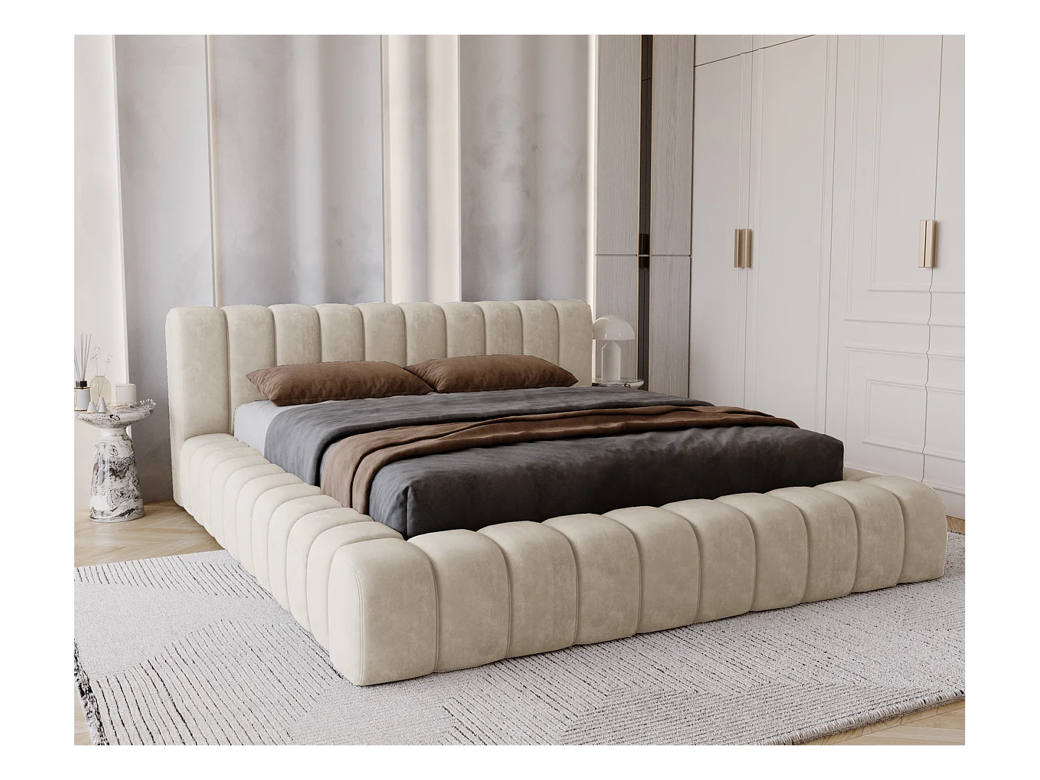 Emporius Lit avec Rangement 160x200cm Como, Lit capitonné, Lit adulte  - Mousse épaisse, tissu Velvet Beige (Whisper 2)