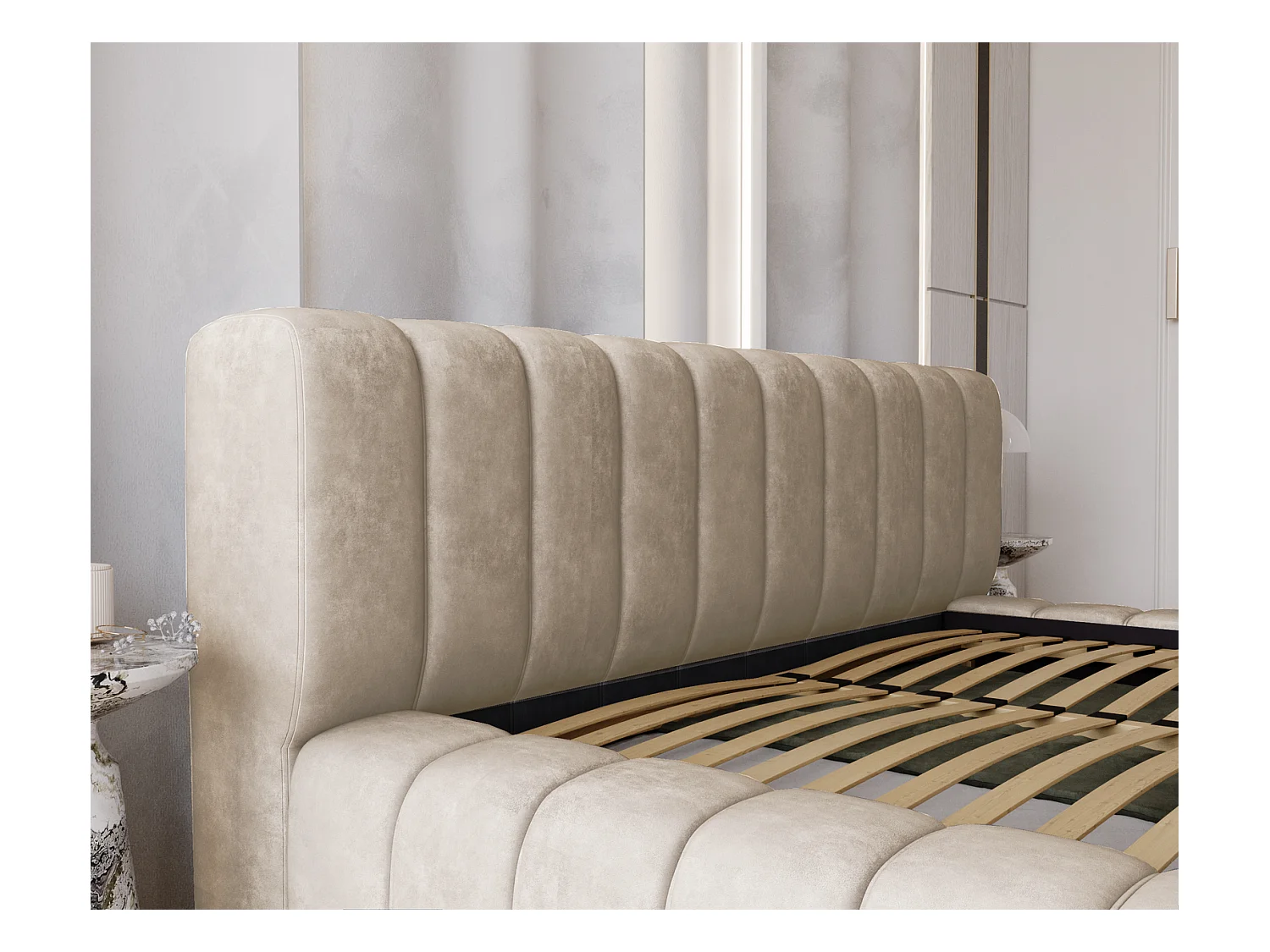 Emporius Lit avec Rangement 160x200cm Como, Lit capitonné, Lit adulte  - Mousse épaisse, tissu Velvet Beige (Whisper 2)