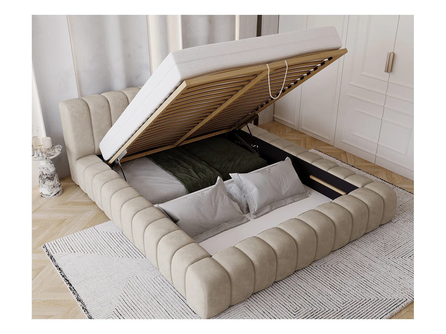 Emporius Lit avec Rangement 160x200cm Como, Lit capitonné, Lit adulte  - Mousse épaisse, tissu Velvet Beige (Whisper 2)