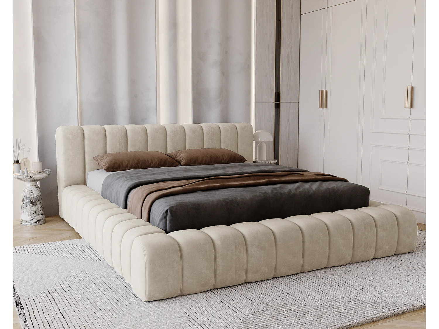 Emporius bed 160x200 met opbergruimte, lattenbodem Como - tweepersoonsbed, dik schuim, fluwelen - Beige (Whisper 2)