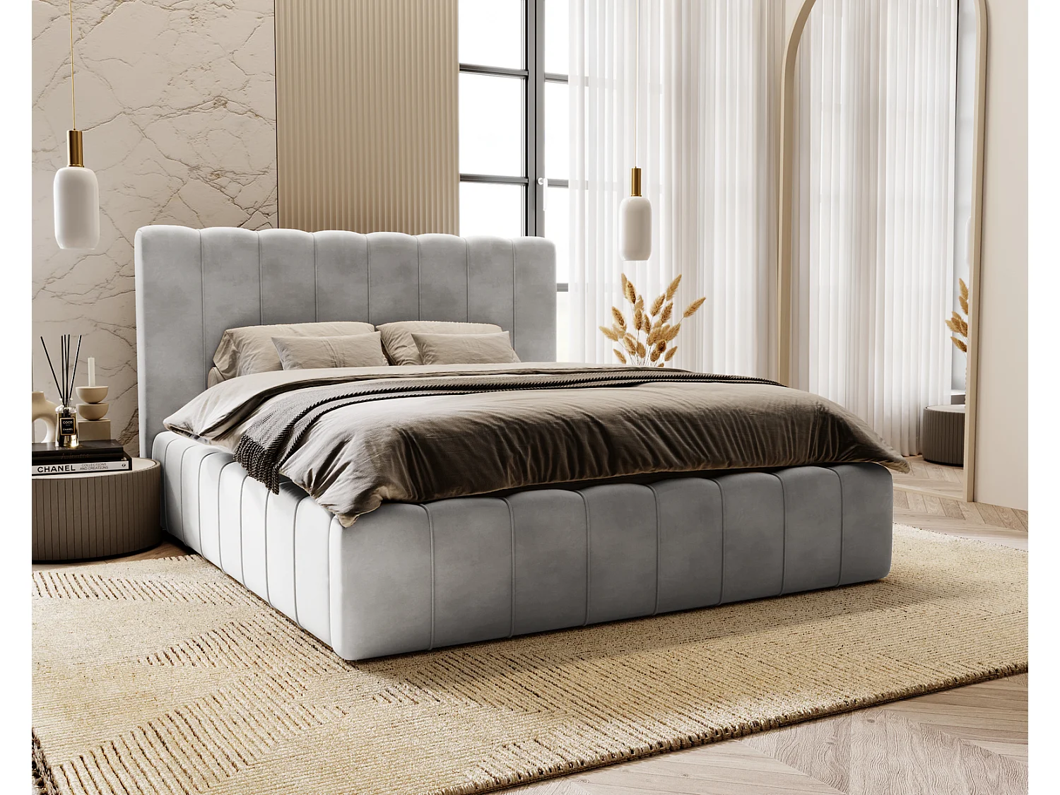 Emporius Lit Capitonné 160x200 Lisbon - Lit avec Sommier à Lattes, Rangement, Tête de Lit - Lit double velvet Gris clair (Magic Velvet 2218)