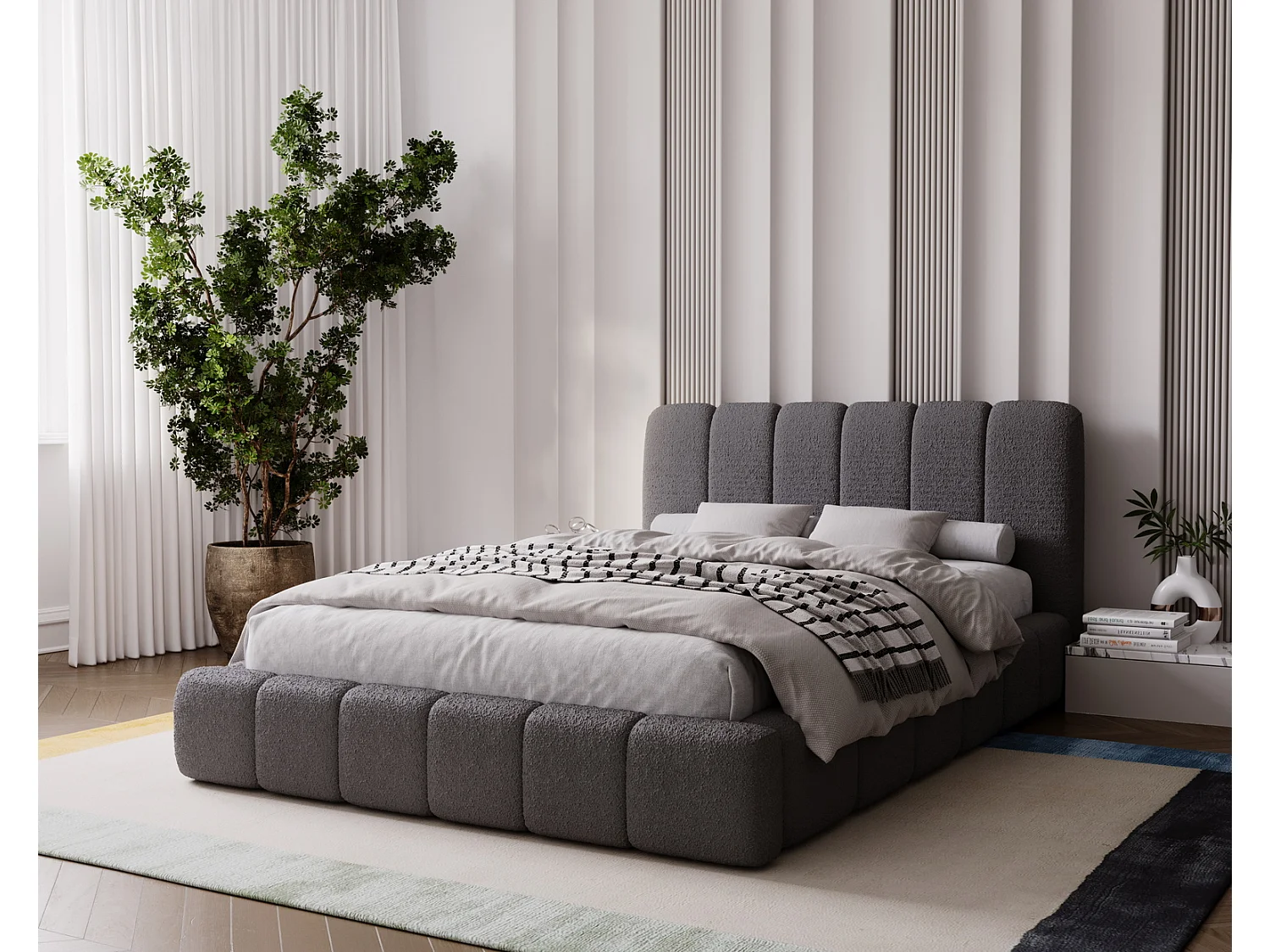 Emporius Lit coffre 200x200 Milan, Lit Rembourré avec Rangement - Lit bouclé Gris foncé (Anthology 18)