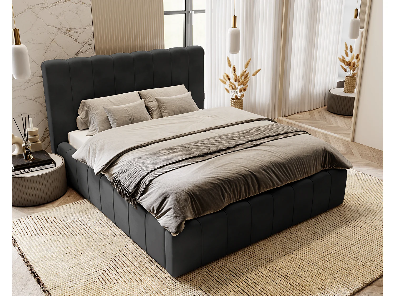 Emporius Lit Capitonné 160x200 Lisbon - Lit avec Sommier à Lattes, Rangement, Tête de Lit - Lit double velvet Noir (Magic Velvet 2219)