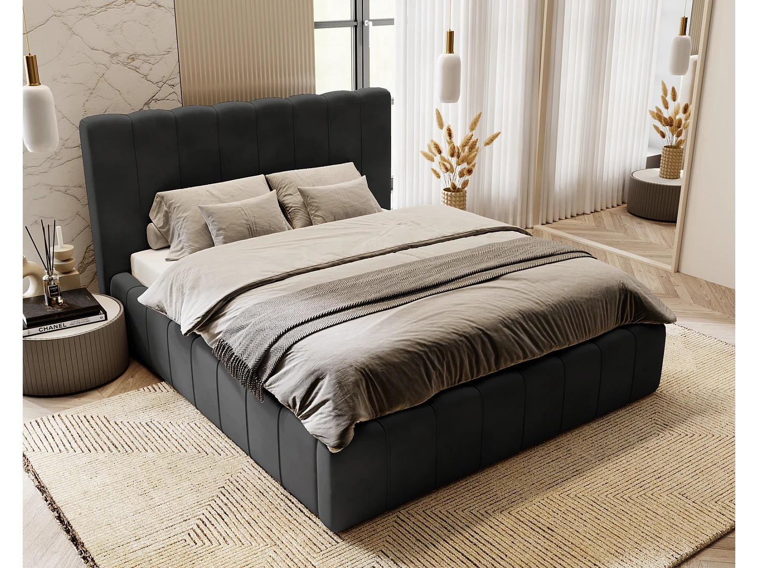 Emporius Polsterbett 160x200cm Lisbon - Bett mit Lattenrost, Bettkasten, Kopfteil - Schlafzimmerbett, doppelbett 160x200 - Velvet Schwarz (Magic Velvet 2219)