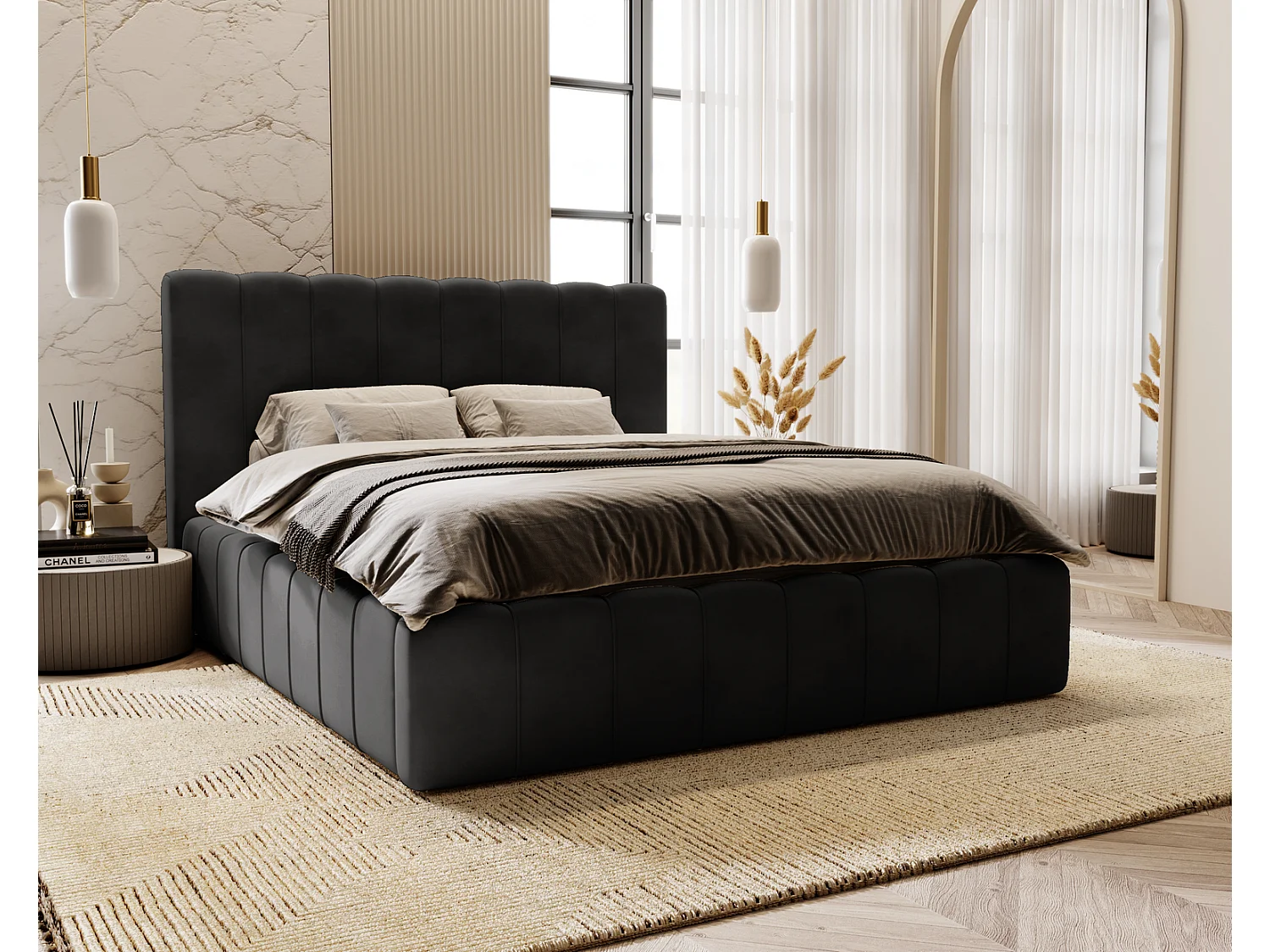 Emporius Lit Capitonné 160x200 Lisbon - Lit avec Sommier à Lattes, Rangement, Tête de Lit - Lit double velvet Noir (Magic Velvet 2219)