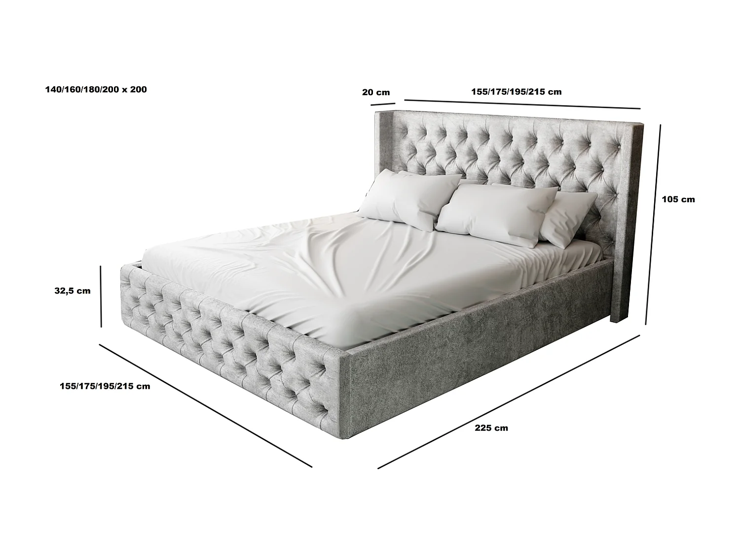 Emporius Lit adulte 160x200 Rolia - Lit double, capitonné - sommier à lattes, rangement, tête de lit - Velvet Gris (Paros 05)