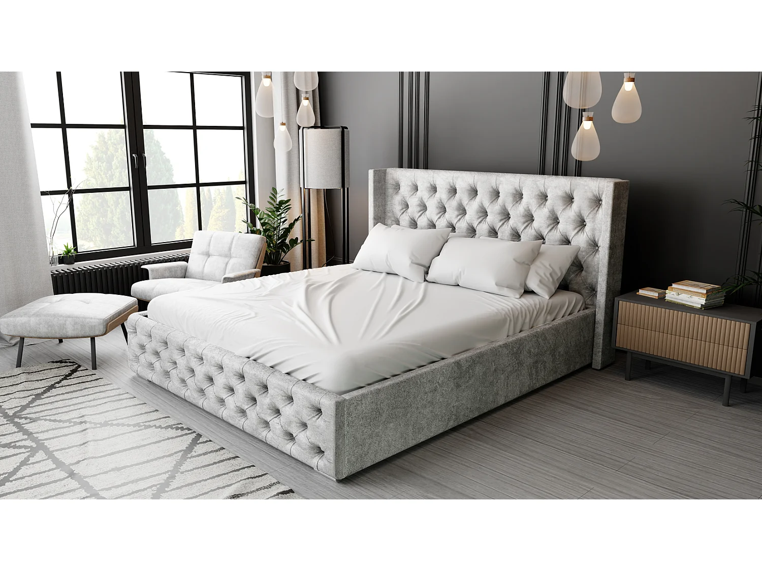 Emporius Lit adulte 160x200 Rolia - Lit double, capitonné - sommier à lattes, rangement, tête de lit - Velvet Gris (Paros 05)