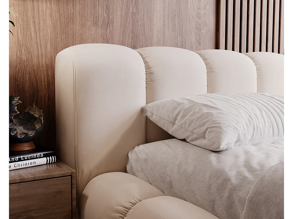Emporius Lit avec sommier 140x200 Cloud - Lit rembourré, Lit adulte - Lit double avec Rangement, tête de lit - Velvet Beige (Jupiter 11)