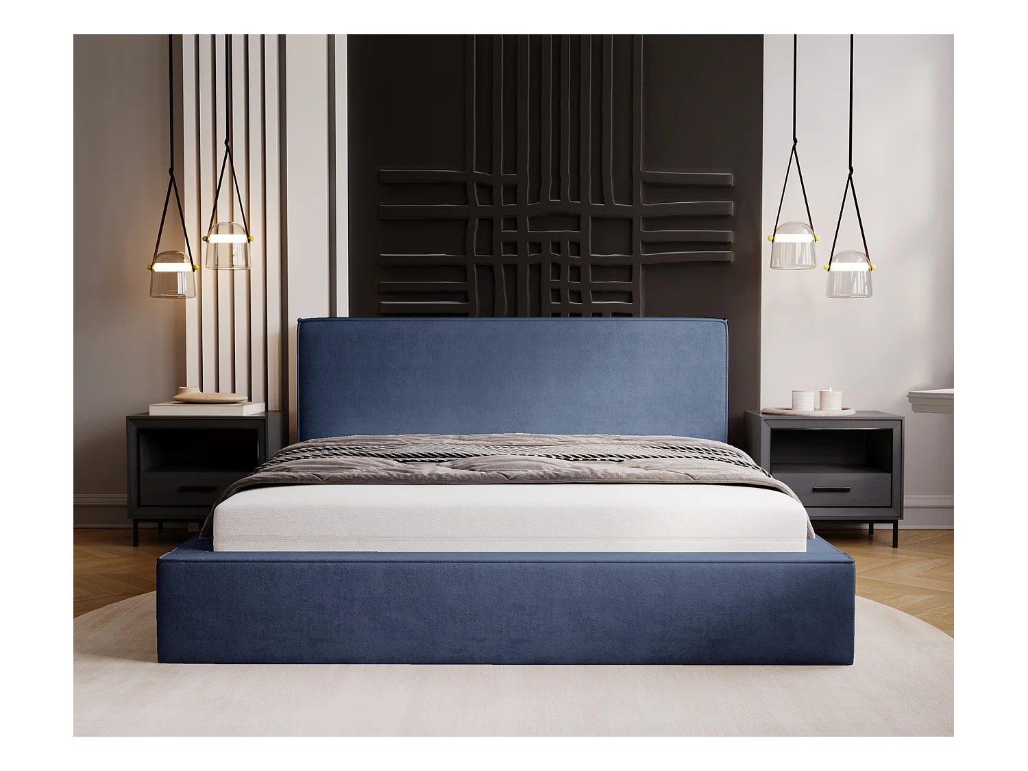 Emporius Lit double, lit adulte avec Rangement 180x200 cm Amare - Velour Bleu (Komodo 50)