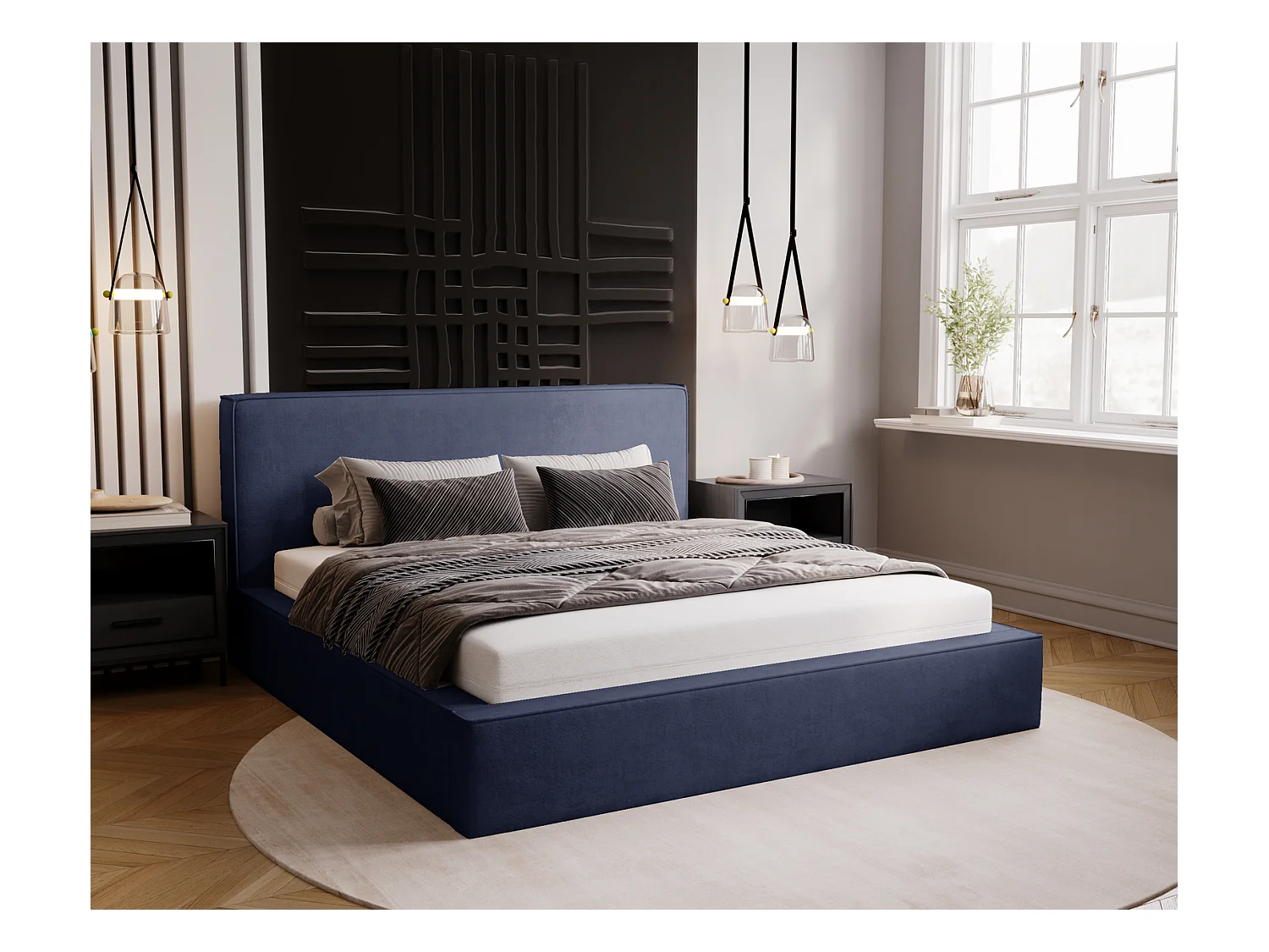 Emporius Lit double, lit adulte avec Rangement 180x200 cm Amare - Velour Bleu (Komodo 50)