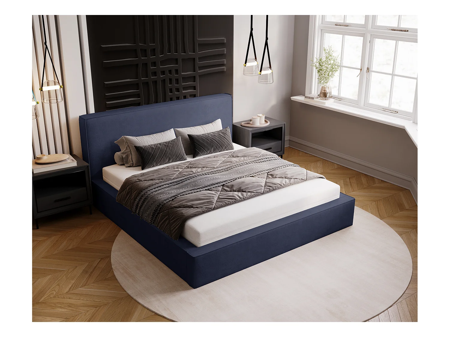 Emporius Lit double, lit adulte avec Rangement 180x200 cm Amare - Velour Bleu (Komodo 50)