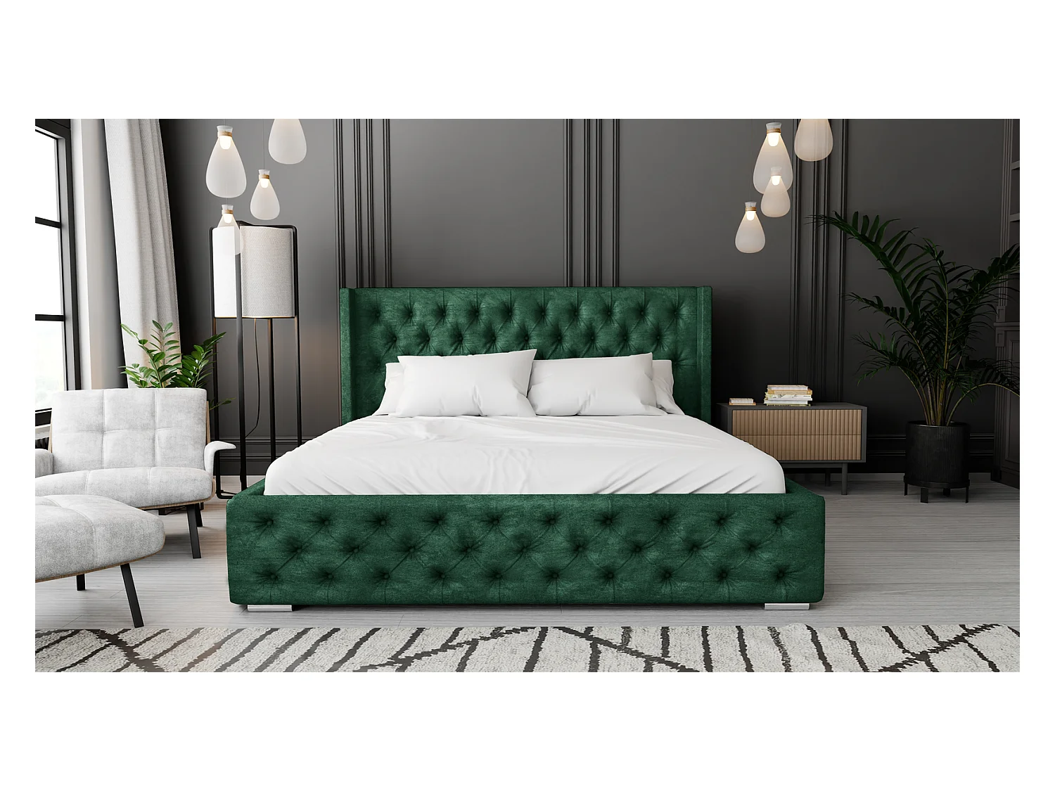 Emporius Lit adulte 180x200 Rolia - Lit double, capitonné - sommier à lattes, rangement, tête de lit - Velvet Vert (Kronos 19)