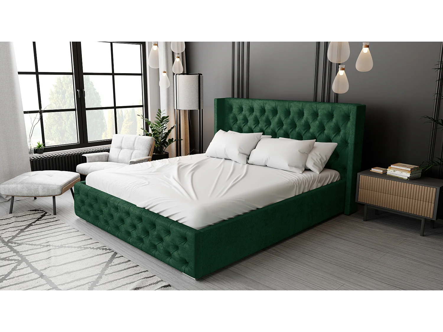 Emporius Tweepersoonsbed 180x200 Rolia - gestoffeerd bed met opbergruimte, Slaapkamer, Tienerkamer - Fluweel Groen (Kronos 19)