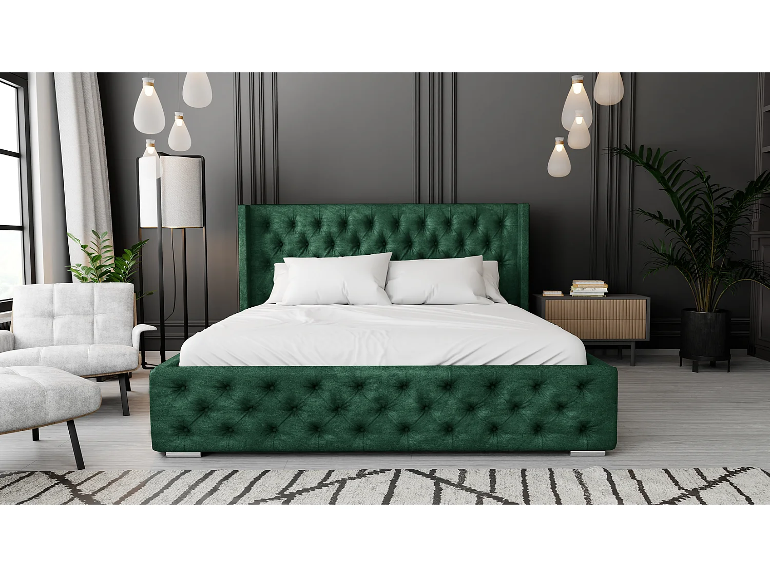 Emporius Lit adulte 180x200 Rolia - Lit double, capitonné - sommier à lattes, rangement, tête de lit - Velvet Vert (Kronos 19)