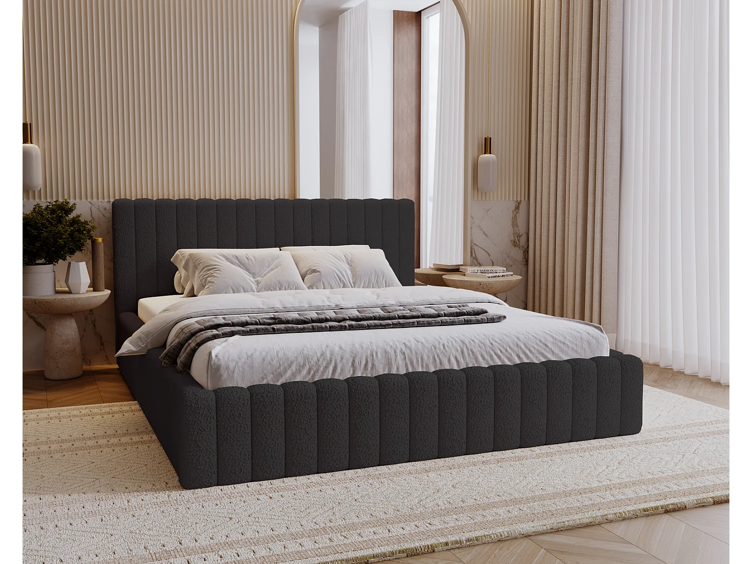 Emporius Lit Rembourré 200x200 cm Billo - lit double avec Rangement, Tête de Lit - Lit adulte, Chambre d'Adolescent - Bouclé Noir (Anthology 19)
